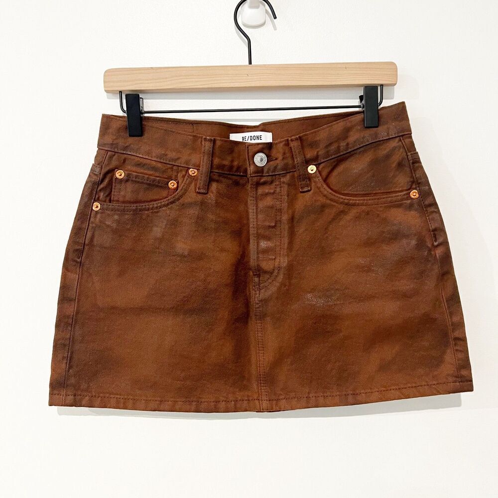 🛍️NEW RE/DONE Mid Rise Mini Leather Like Coated Brown Cotton Skirt size 25